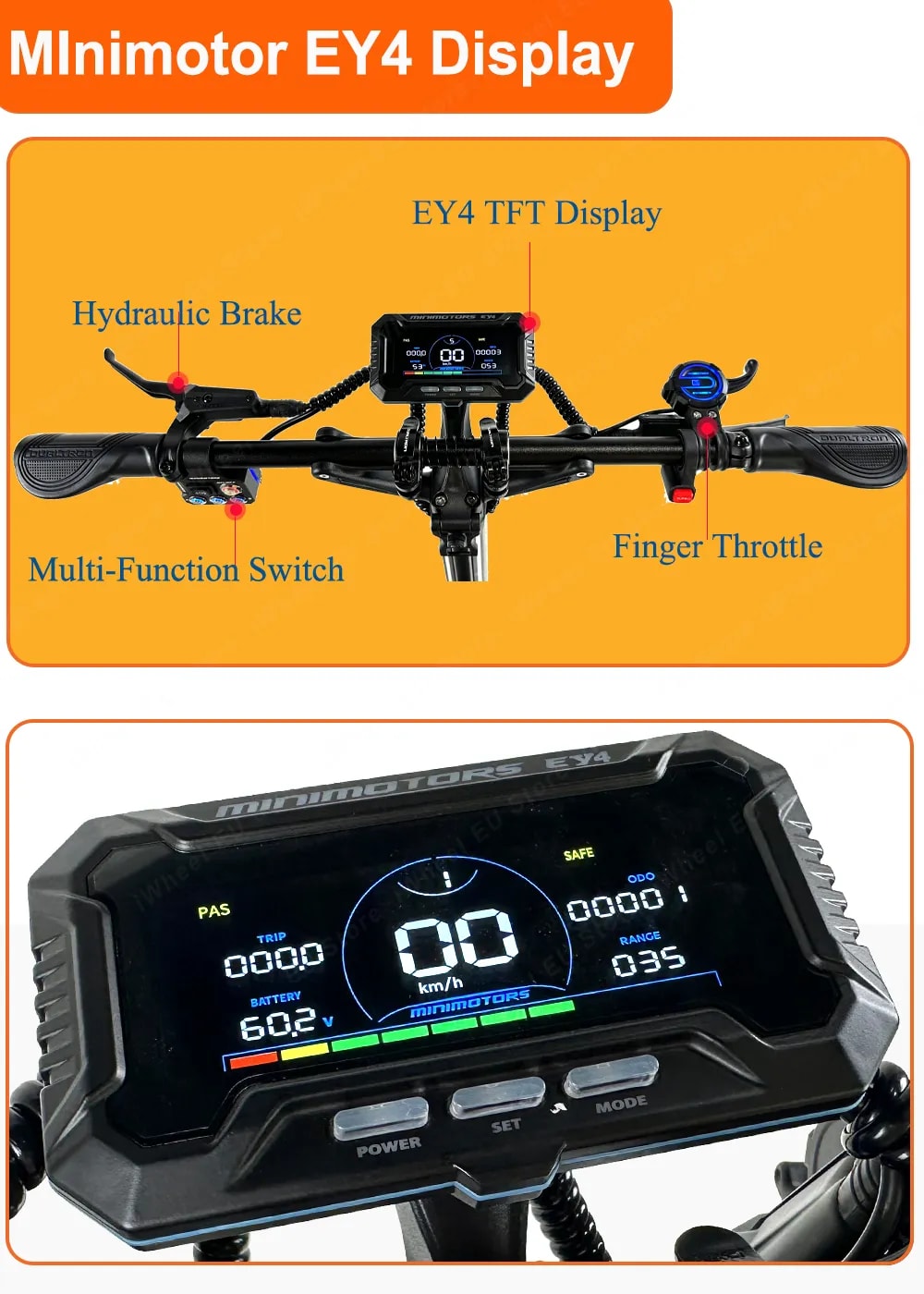 Y4 Smart Display: A centralized, crisp TFT LCD display that is Dualtron App compatible via Bluetooth, unlocking customizable lighting, preventive security locking, and comprehensive ride tracking.IP Ratings: Features an IPX5 water-resistance rating for the frame and an exceptional IPX7 rating for the central EY4 display, making it fully ready for wet-weather commutes.Overtake (Turbo) Function: Dual 50A controllers include a handlebar-accessible 65A boost button, instantly channeling extra torque for effortless overtaking.
