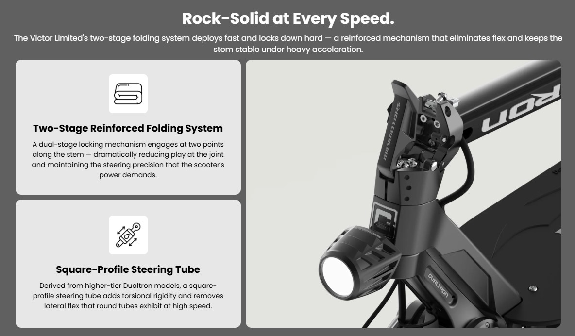 Self-Healing Tubeless Tires: Outfitted with 10x3-inch wide tubeless tires containing an internal gel layer that automatically seals minor tire punctures under pressure.Weather Shielding: Upgraded to an official IPX5 water-resistance rating for the frame, with an IPX7 fully waterproof rating protecting the central dashboard display.