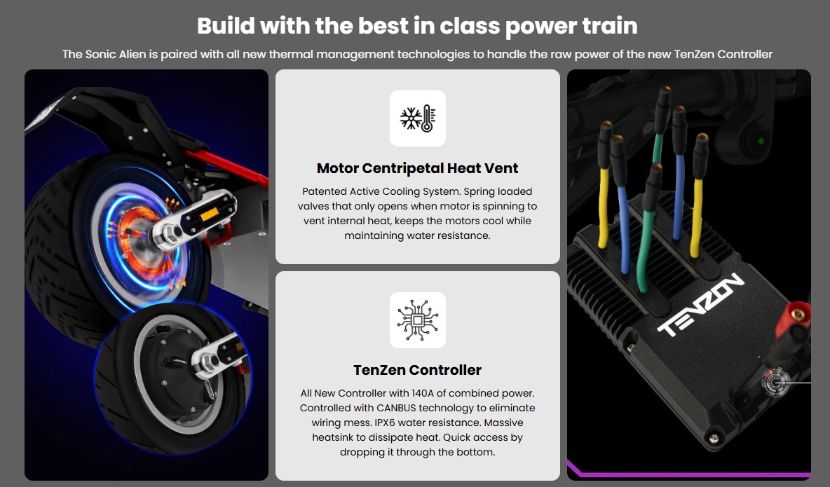 World-First Integrated CBS, ABS & EBS: Features a sophisticated Combined Braking System (CBS) alongside electronic ABS and regenerative EBS. Squeezing the right brake lever intelligently distributes the braking force (e.g., 50–60% to the rear and 40–50% to the front) across the 160mm 4-piston Nutt calipers to guarantee maximum stabilization and prevent flipping during emergency stops.Centrifugal Motor Heat Vents: Solves the classic overheating issues of older heavy-duty scooters with a patented active-cooling system. Spring-loaded centrifugal valves open automatically when the motor spins to shed heat without sacrificing its IPX5 water-resistance rating.