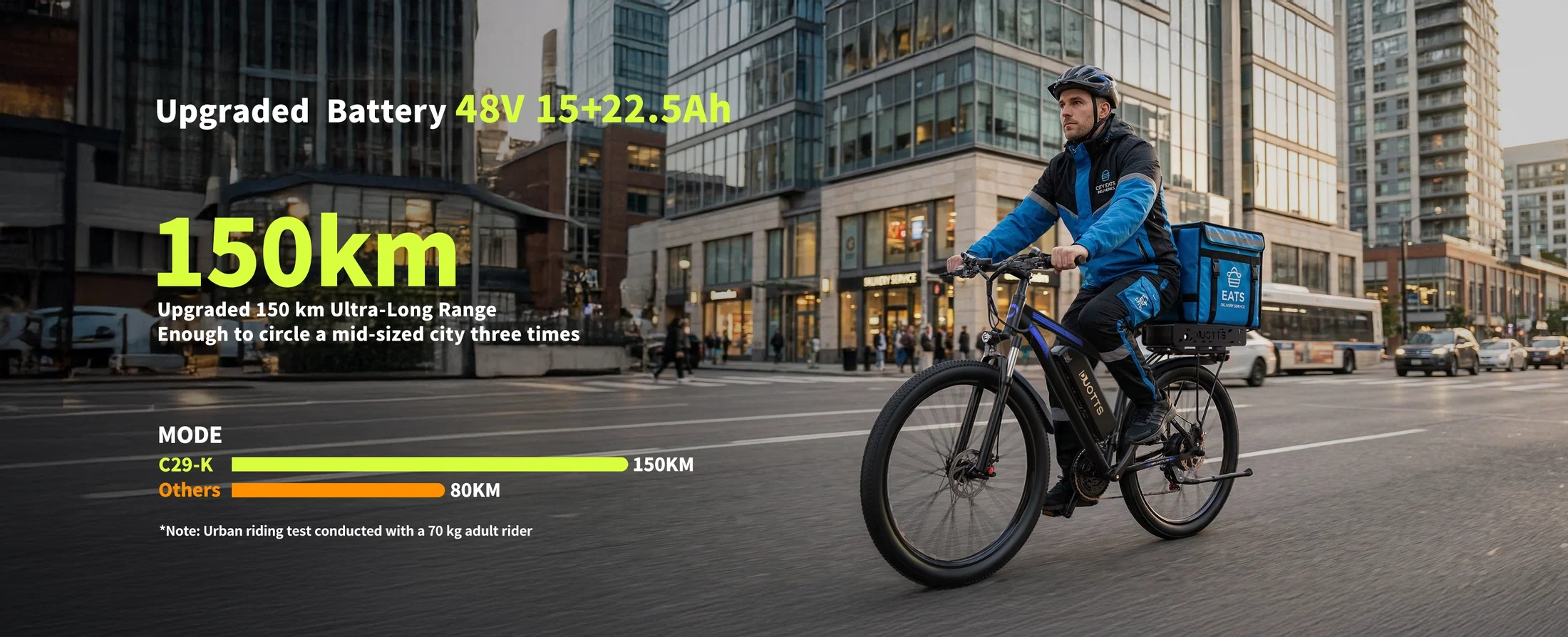 Range, lights, front fork
The C29-K offers three riding modes: regular cycling, pedal-assist, and pure electric. With a 15+22.5AH battery, it supports pedal-assist mode for 150-170 km. Its headlights illuminate the way forward, while its lightweight all-aluminum shock-absorbing front fork ensures a safer and more comfortable ride.