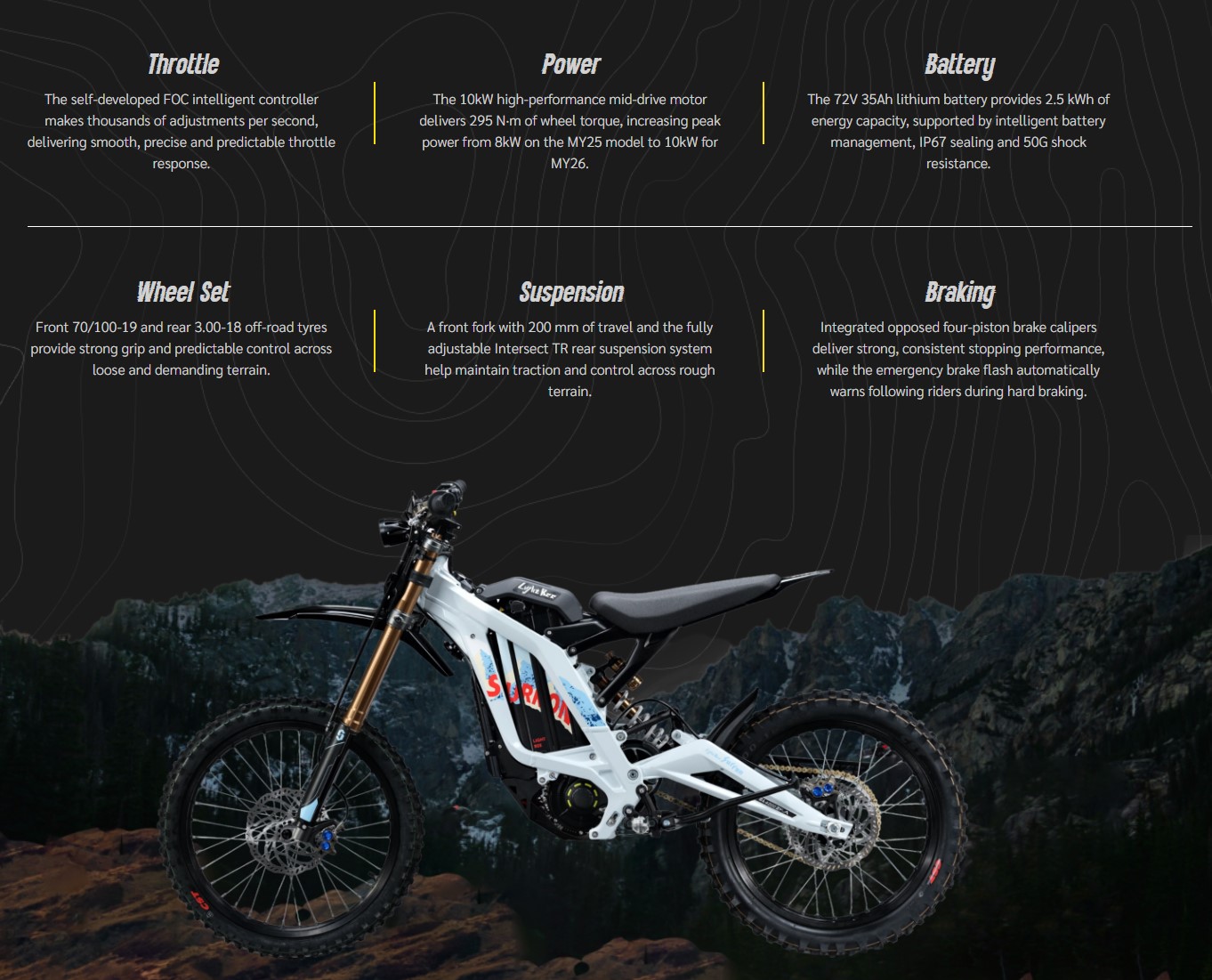Key Performance SpecificationsPeak Power: 10 kW (Up from the previous 6kW / 8kW limits).Battery System: 72V 35Ah Lithium-ion battery (2,520 Wh capacity) engineered to sustain high-rate 10kW bursts.Top Speed: Approximately 50 mph (75–80 km/h).Wheel Torque: An impressive 295 N·m for aggressive hill climbing.Weight: Extremely agile at roughly 130 lbs (59 kg).Estimated Range: Up to 47 miles (75 km) depending on riding mode and speed.Charging Time: Fast charging capable; roughly 2 to 2.5 hours to full using standard upgrades.