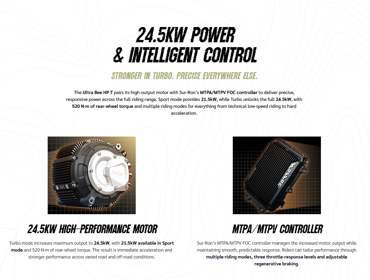 Riding Customization: Includes multiple riding profiles (Sport, Daily, Eco, Reverse, Turbo, and Crawl). It features a three-level adjustable throttle map and five-level adjustable regenerative braking.Advanced Safety Electronics: Standard build features an fully adjustable Multi-level Traction Control (ASR), Auto-Hold, and Gyroscopic Tilt Protection.