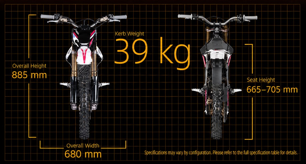 Chassis & Suspension GeometryBuilt around a featherlight, premium forged aluminum alloy frame, the bike provides exceptional trail stability without overwhelming smaller riders:Curb Weight: Exceptionally light at 85.9 lbs (39 kg)—nearly half the mass of a traditional gas-powered 110cc dirt bike.