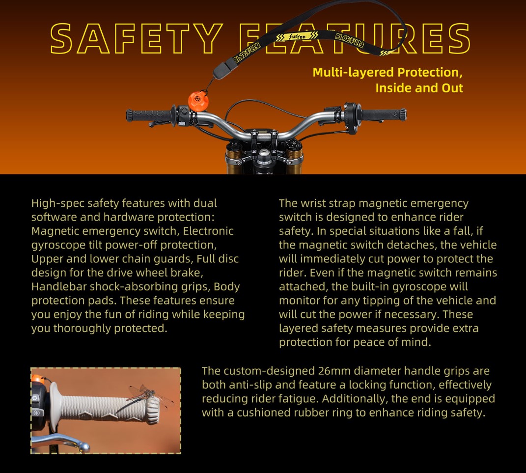 Hardware Protections: Features a fully integrated gyroscope sensor for automatic tilt/crash power shutoff, a magnetic emergency lanyard clip, and reach-adjustable hydraulic disc brakes scaled precisely for younger hands.