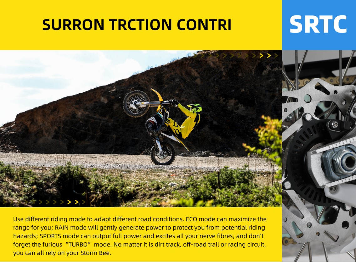 Available ConfigurationsThe Storm Bee is primarily distributed across two specific build variants:Storm Bee MX: The pure off-road variant. It features standard dirt tires (21" front / 18" rear) and stripped-back bodywork for maximum track performance.Storm Bee Enduro: The dual-sport configuration. It includes functional LED headlights, turn signals, mirrors, a rear brake plate mount, and can be street-registered in regions that permit electric motorcycles.