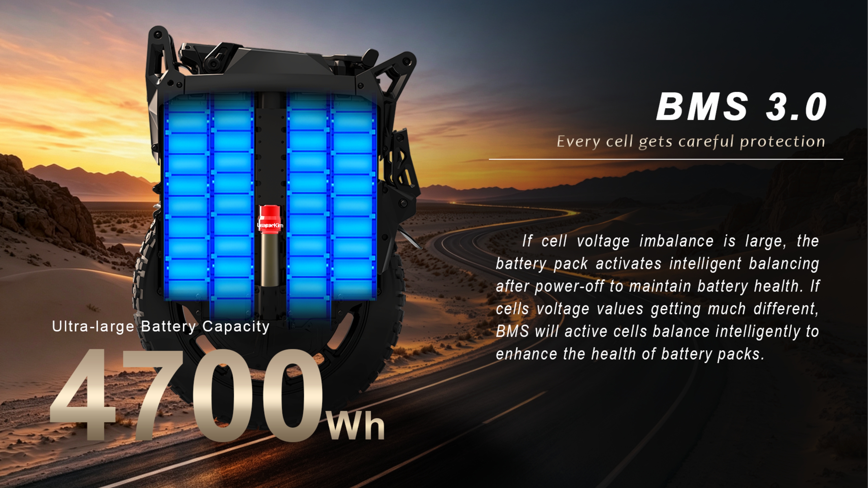 Controller: Upgraded 960A double-layer controller with copper busbars for better heat dissipation.Suspension: 90mm adjustable hydraulic suspension with retuned damping and an integrated airbag bump-stop.Weight: 52 kg (114–115 lbs).