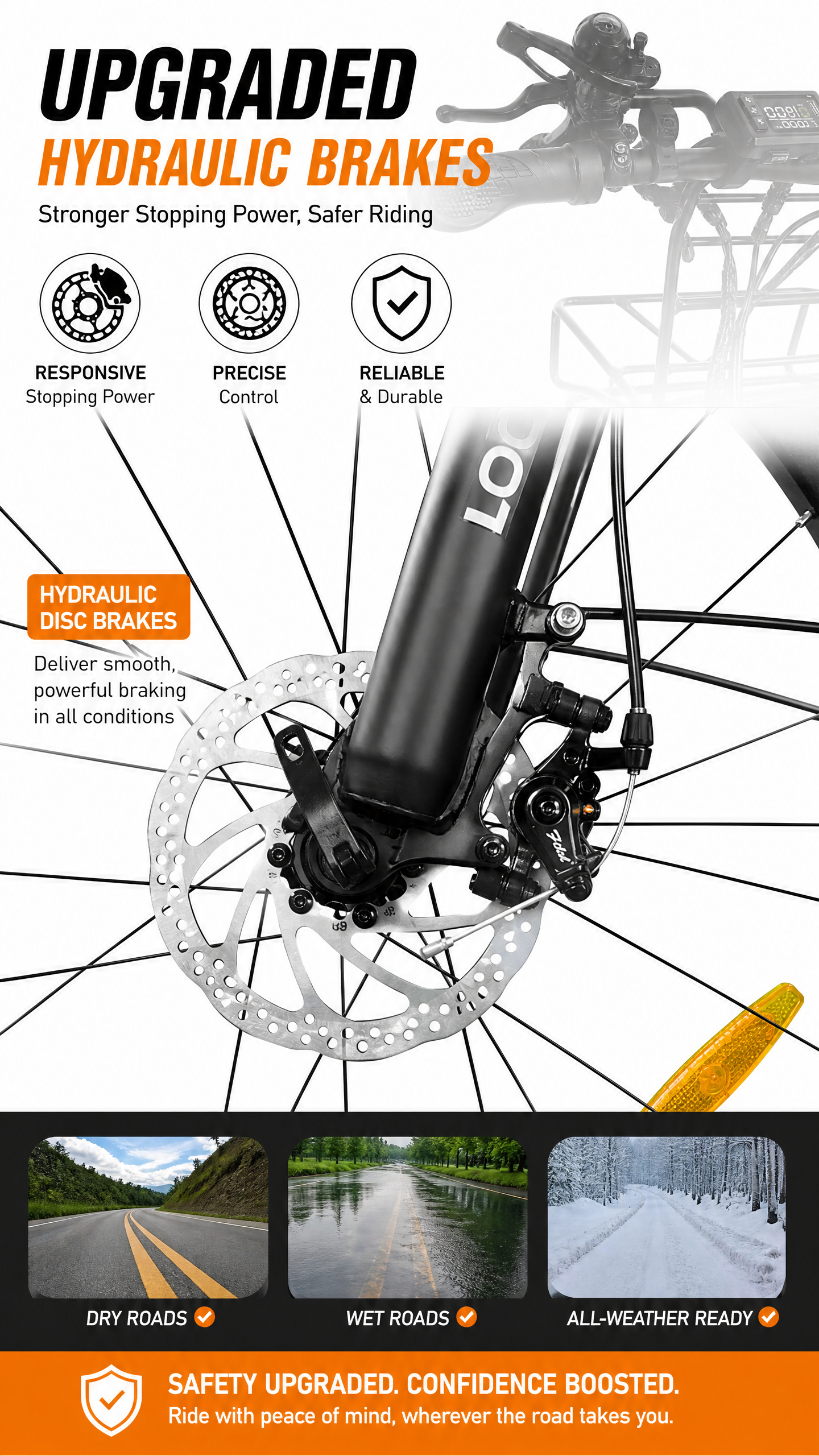 500W High-Efficiency Brushless Motor
The LOOKROAD L28 Electric Bike is equipped with a 500W high-efficiency brushless motor that delivers smooth acceleration, reliable power, and excellent energy efficiency for daily rides.

With a 35 km/h top speed and strong climbing capability, the motor provides dependable performance for city commuting, bike paths, and everyday adventures. The efficient brushless design ensures a quieter, smoother, and more enjoyable riding experience.