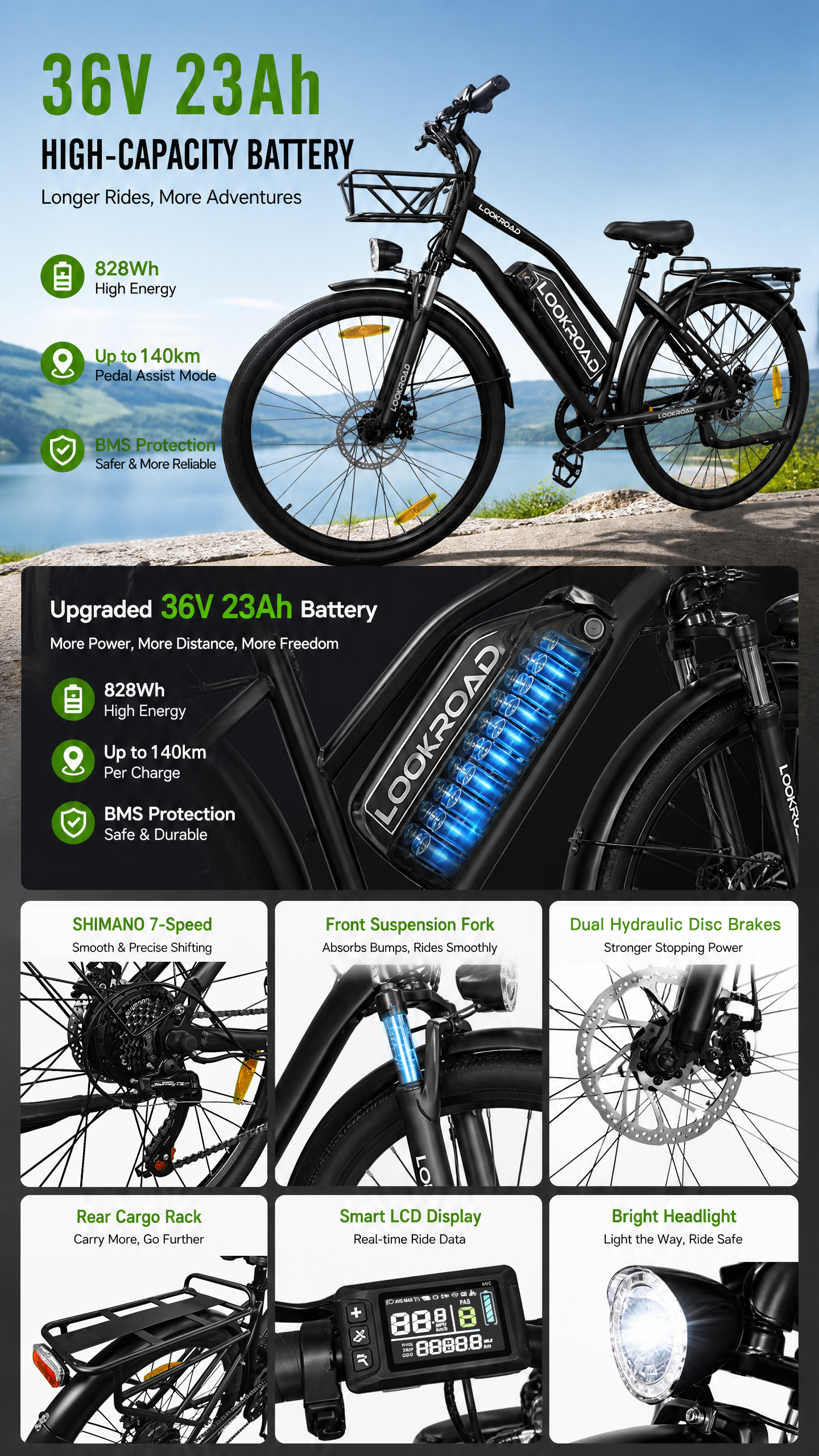 36V 23Ah Large Capacity Battery
The LOOKROAD L28 Electric Bike features a 36V 23Ah high-capacity removable battery designed to provide stable power and longer riding range.

The upgraded battery system delivers reliable performance with long-lasting battery life, BMS protection, two charging options, and fast charging support.

Whether commuting daily or enjoying weekend rides, the LOOKROAD L28 Electric Bike provides the range and convenience you need.