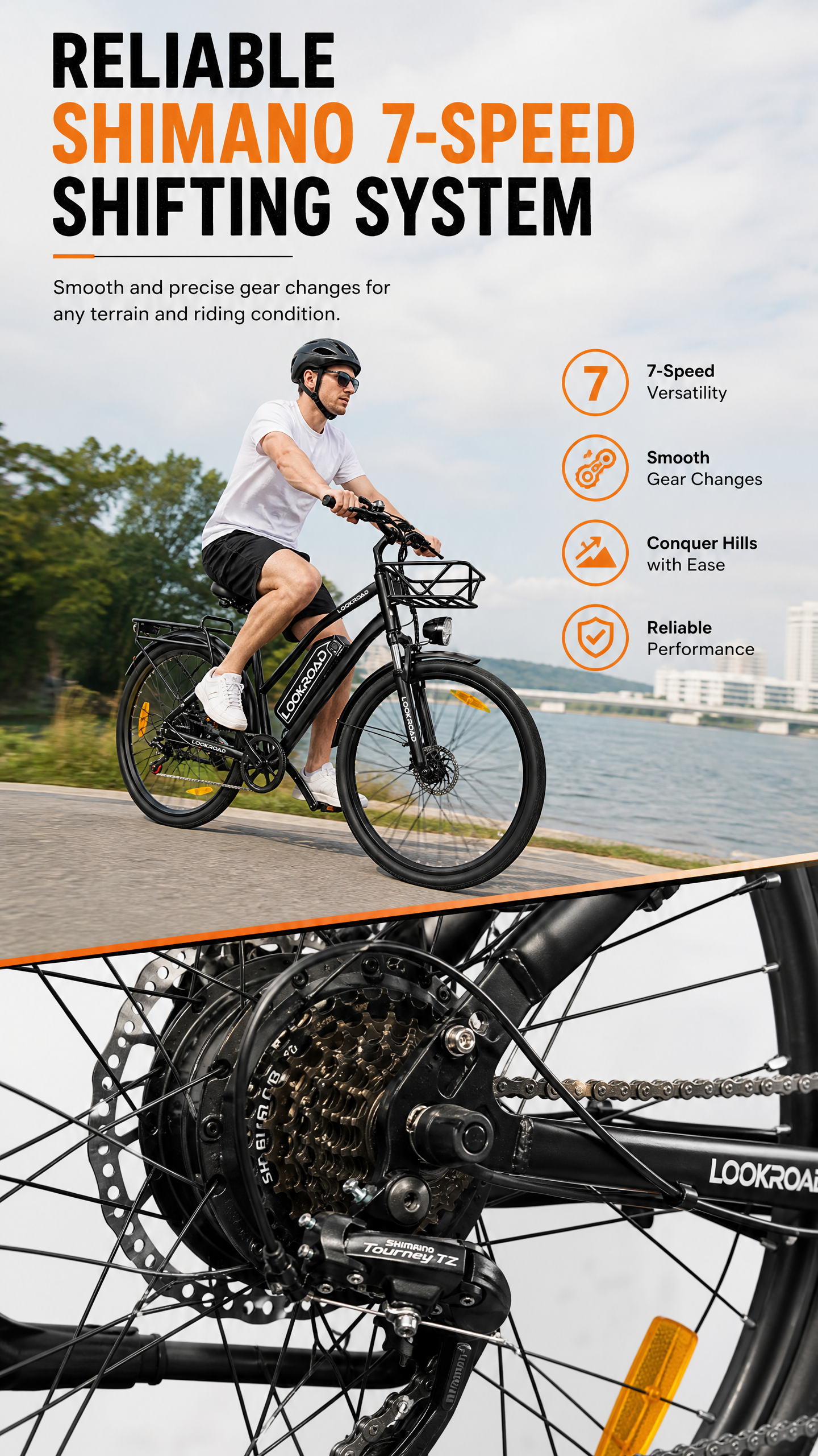 28-Inch Standard Wheel Size
The LOOKROAD L28 MIN Electric Bike features 28-inch wheels designed for efficient rolling performance, improved stability, and comfortable long-distance riding.
The larger wheel size helps maintain momentum with less effort while providing smoother handling on urban roads and bike paths.
Perfect for riders who want a comfortable commuter electric bike with excellent balance and control.