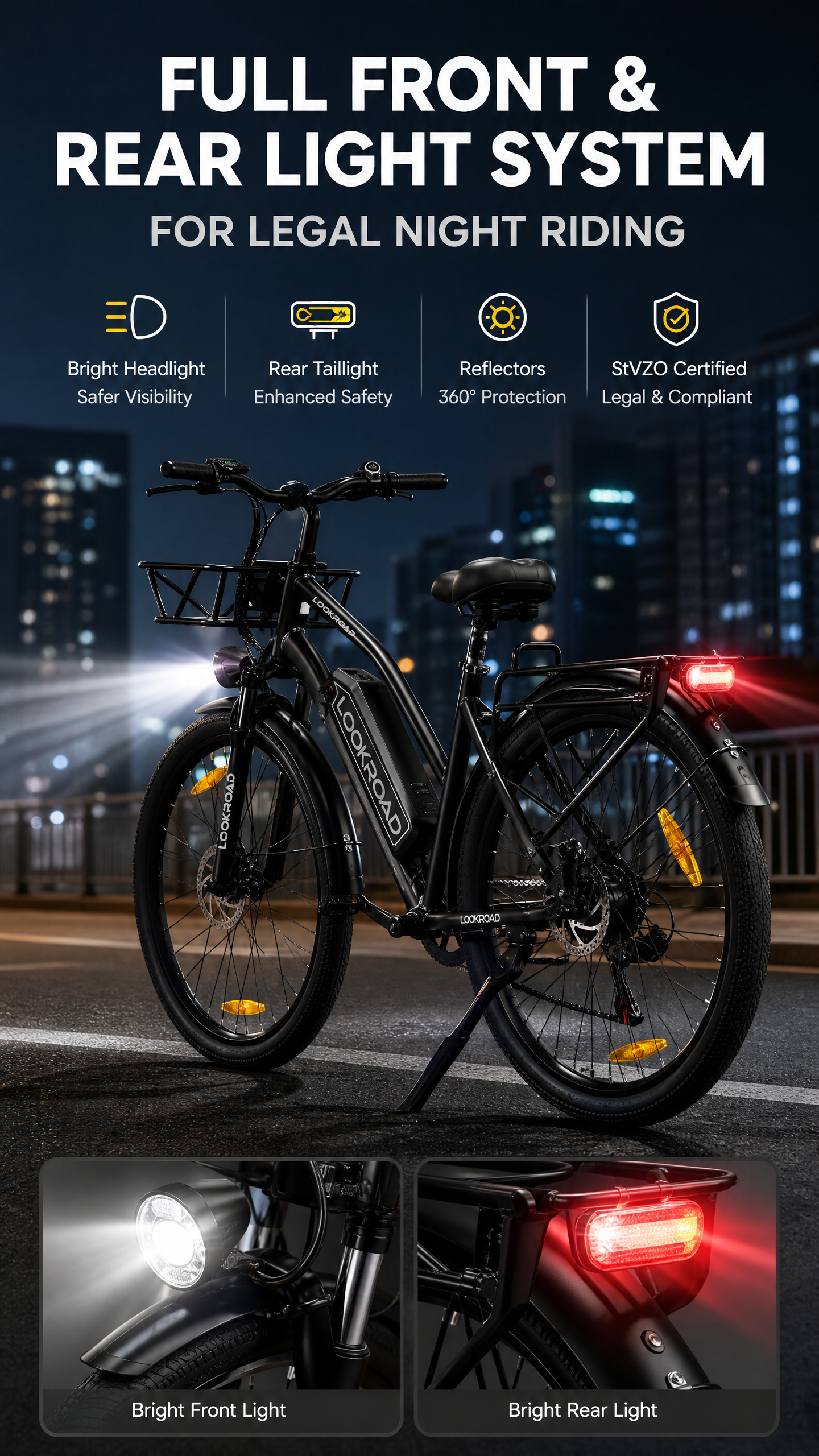 Front Shock System
The LOOKROAD L28 MIN Electric Bike comes with a front shock system designed to absorb road impacts and reduce vibration.
The suspension fork improves comfort and stability when riding over uneven surfaces, helping riders enjoy a smoother experience during daily commutes and longer rides.
Ride with better control and confidence across different road conditions.