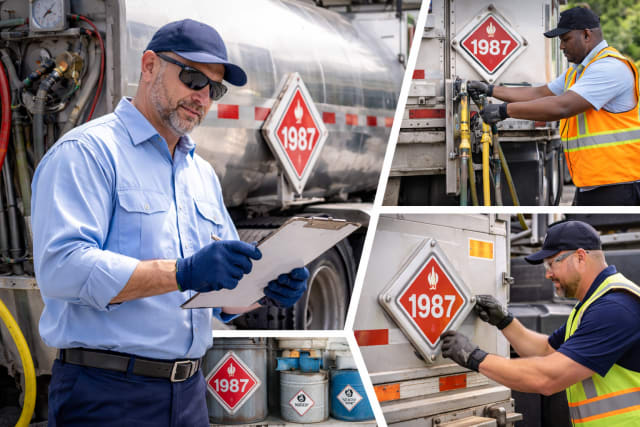 This image depicts three men checking the status of hazard materials and ensuring they are safely connected.