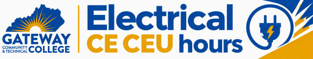 This picture depicts the Gateway logo and a plug in blue and gold and also the words electrical hours in blue and CEU CEU  in gold
