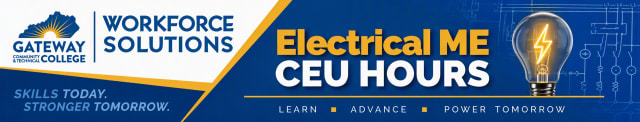 This picture depicts the Gateway logo and a lightbulb. It has the words Electrical ME in gold and CEU HOURS in white with a dark blue background