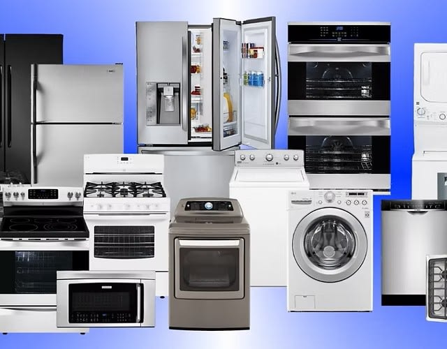 This picture depicts home appliances; refrigerators, washer, dryer, microwave, dishwasher.