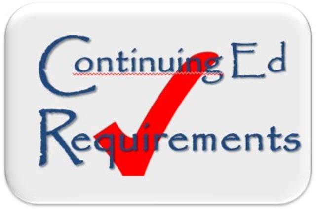 This image is the text "Continuing Ed Requirements" in blue font, "Continuing" is underlined in red and there is a red checkmark behind the blue font.