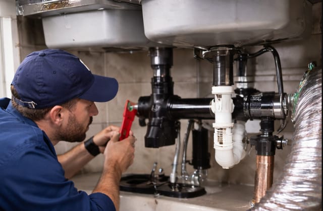 Plumber working on sink pipe