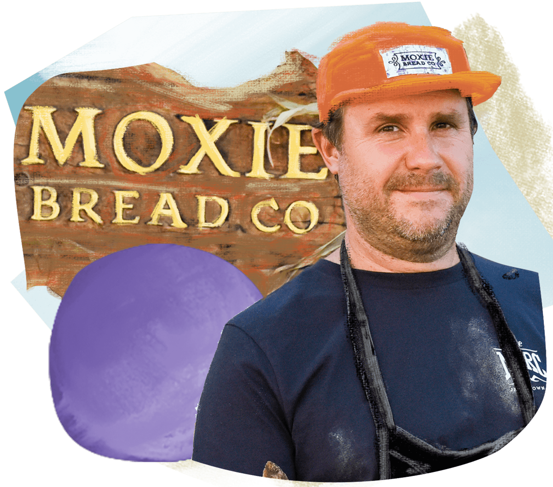 A man with a beard is wearing a T-shirt and an apron covered with flour. He is standing in front of a sign that says Moxie Bread Co. 