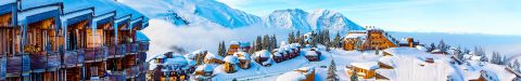 Avoriaz under snow, with its cliff-top apartment buildings above the pistes