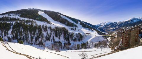 Panoramic view of snow-covered ski slopes surrounded by dense pine trees, with nearby alpine-style buildings nestled in the mountains under a clear blue sky