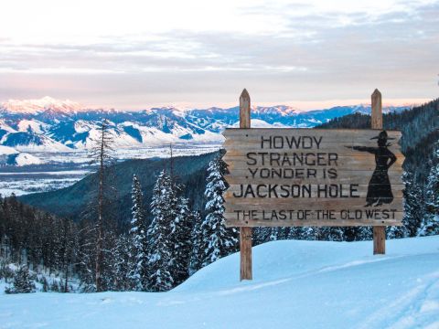 A wooden sign with a snowy mountainous landscape and pine trees in the background at sunset.