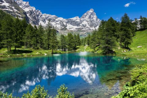 Cervinia summer landscape with a lake and the Matterhorn in the background