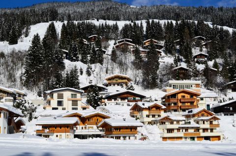 Saalbach ski resort winter time under a blue sky