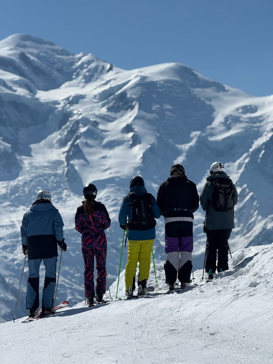 Five skiers standing in a row on the snow, looking across at the snow-covered Mont Blanc massif