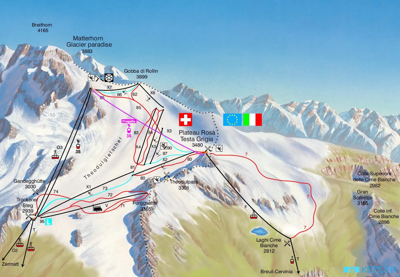 Plateau Rosà summer skiing piste map