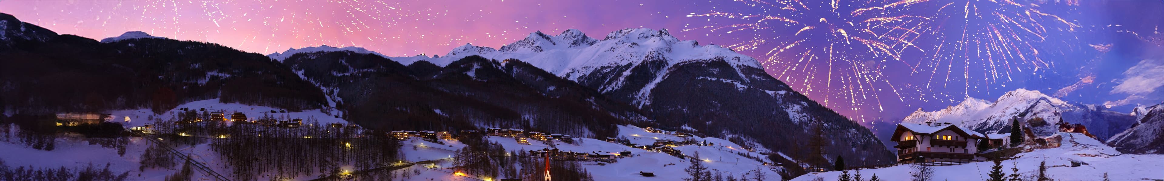 An Alpine resort in the snow at New Year