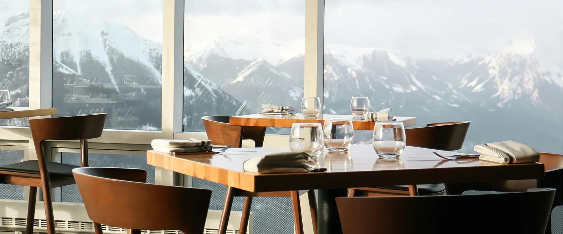 Diners at a mountain restaurant on the ski slopes