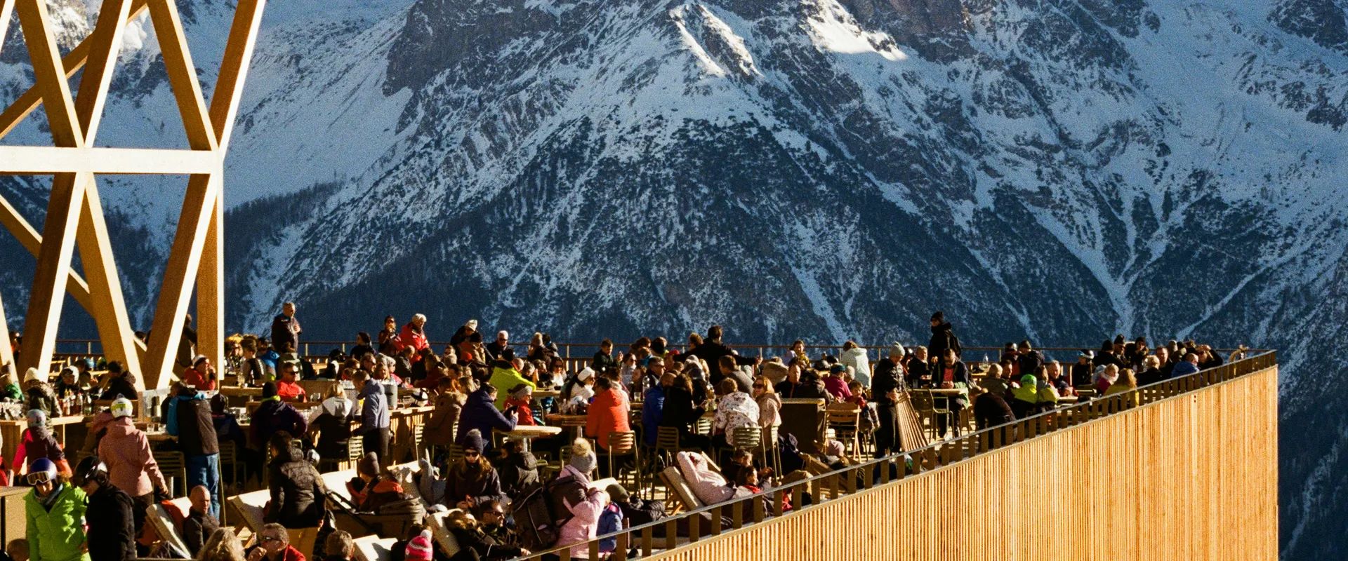 Mountain restaurant terrace on the slopes in the Alps