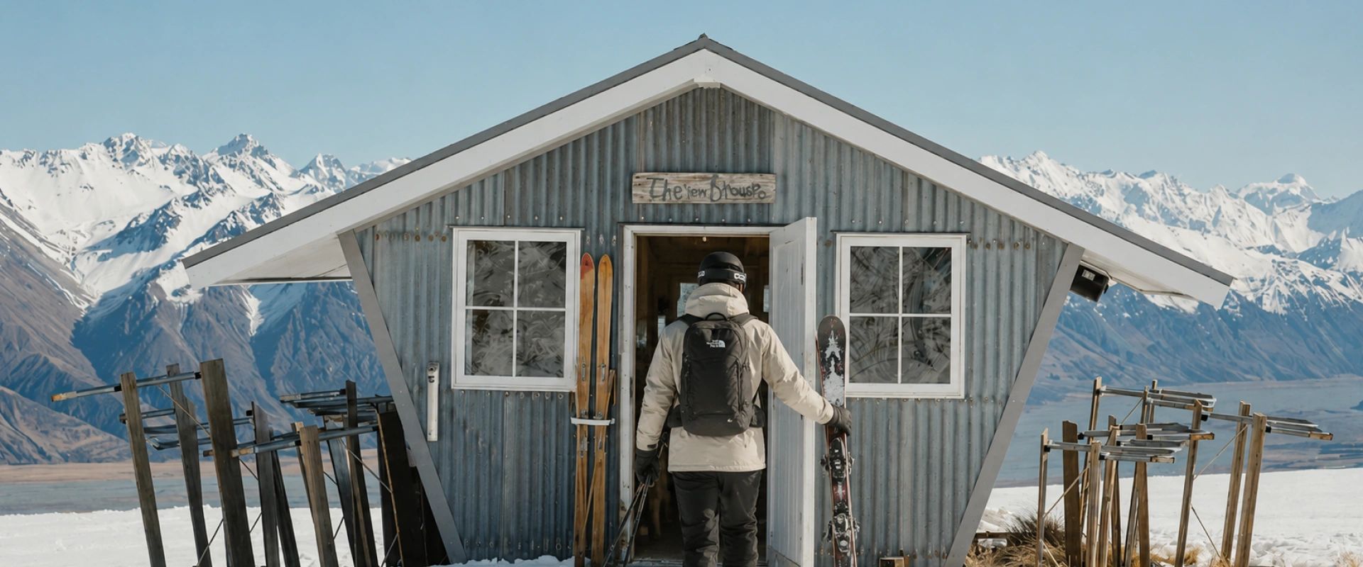 Skiers arriving at a resort on a ski package holiday