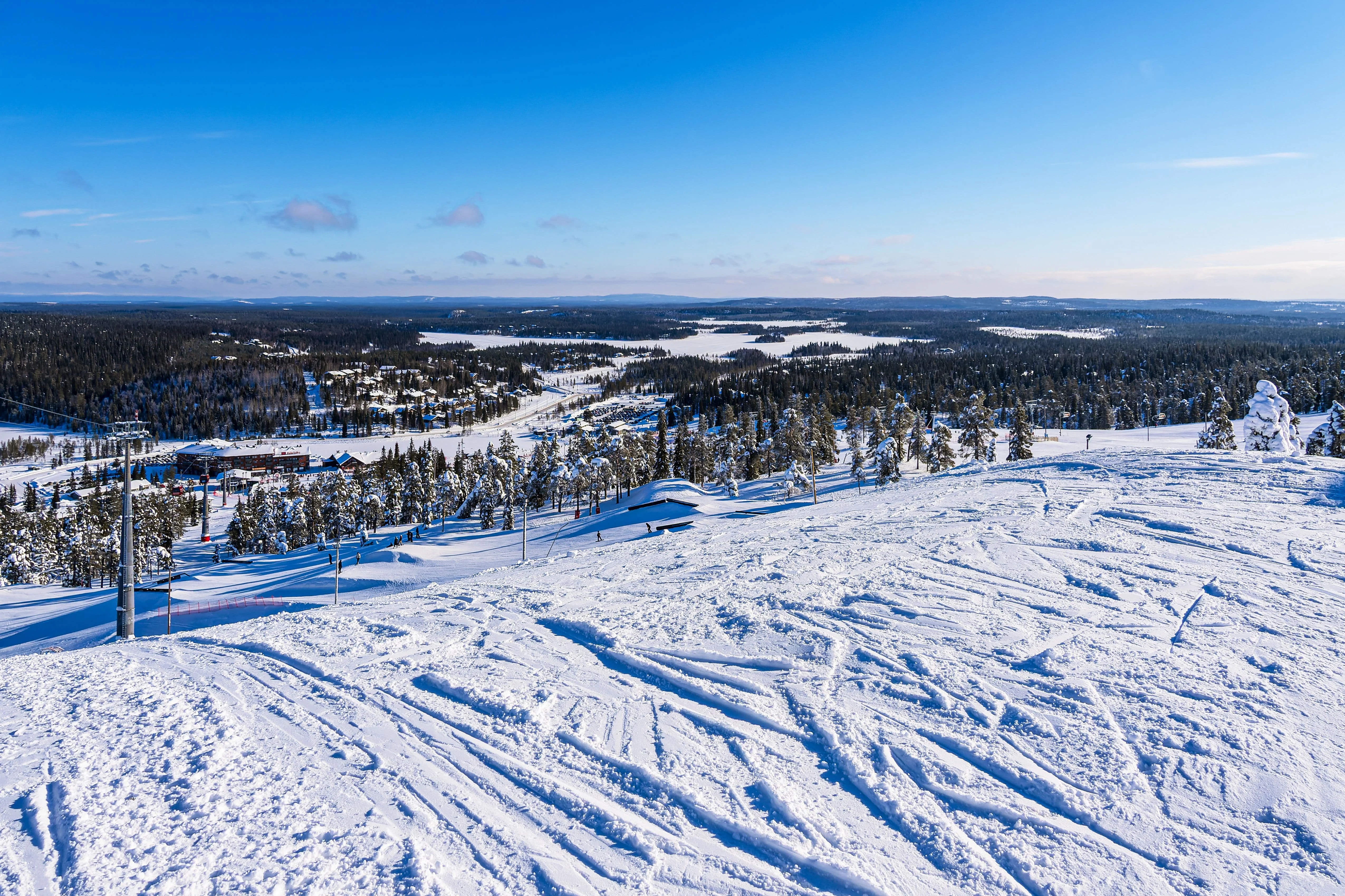 Panoramic view of a ski resort surrounded by snowy fields and dense forests