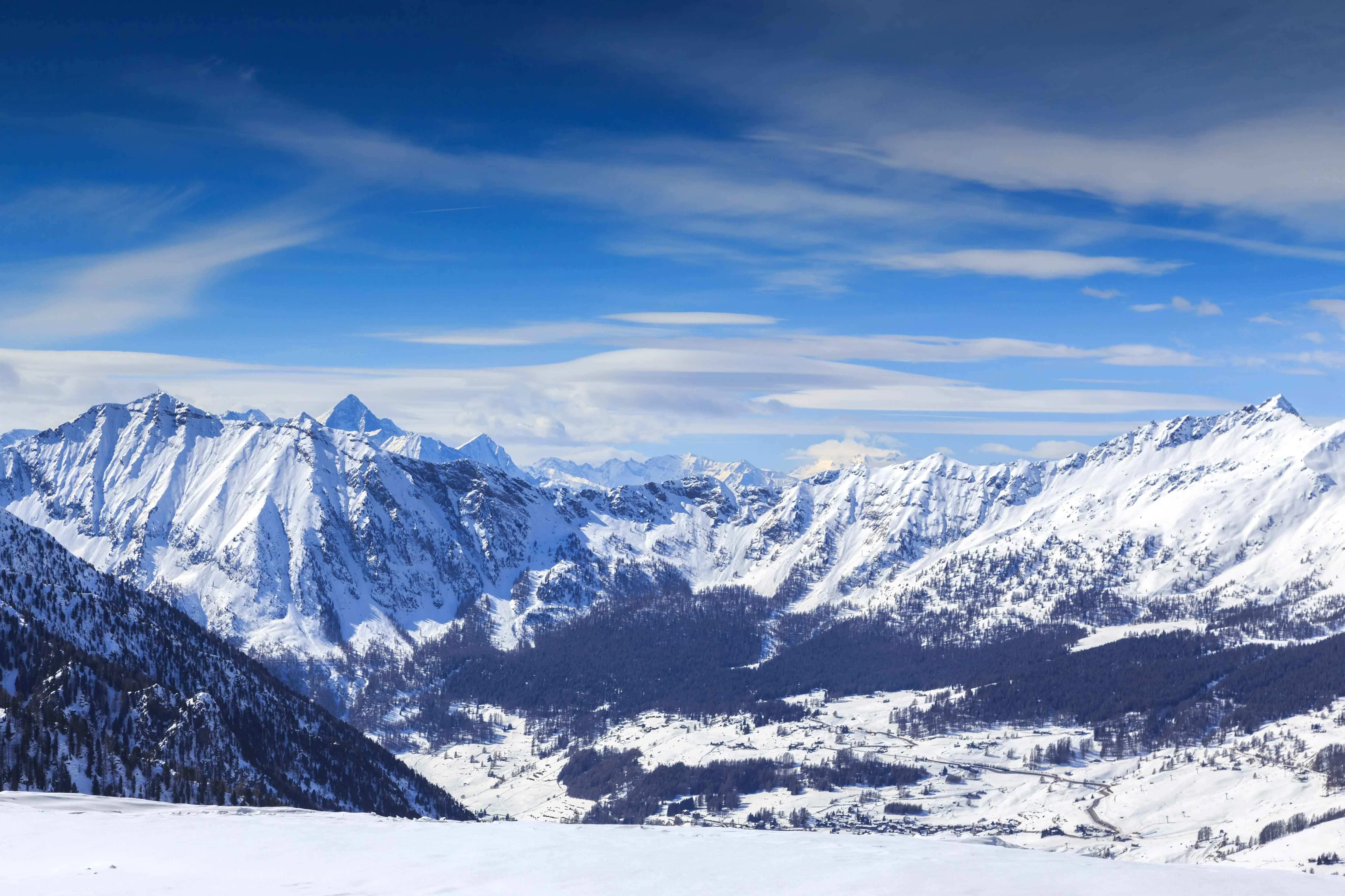 Champoluc winter landscape under a blue sky