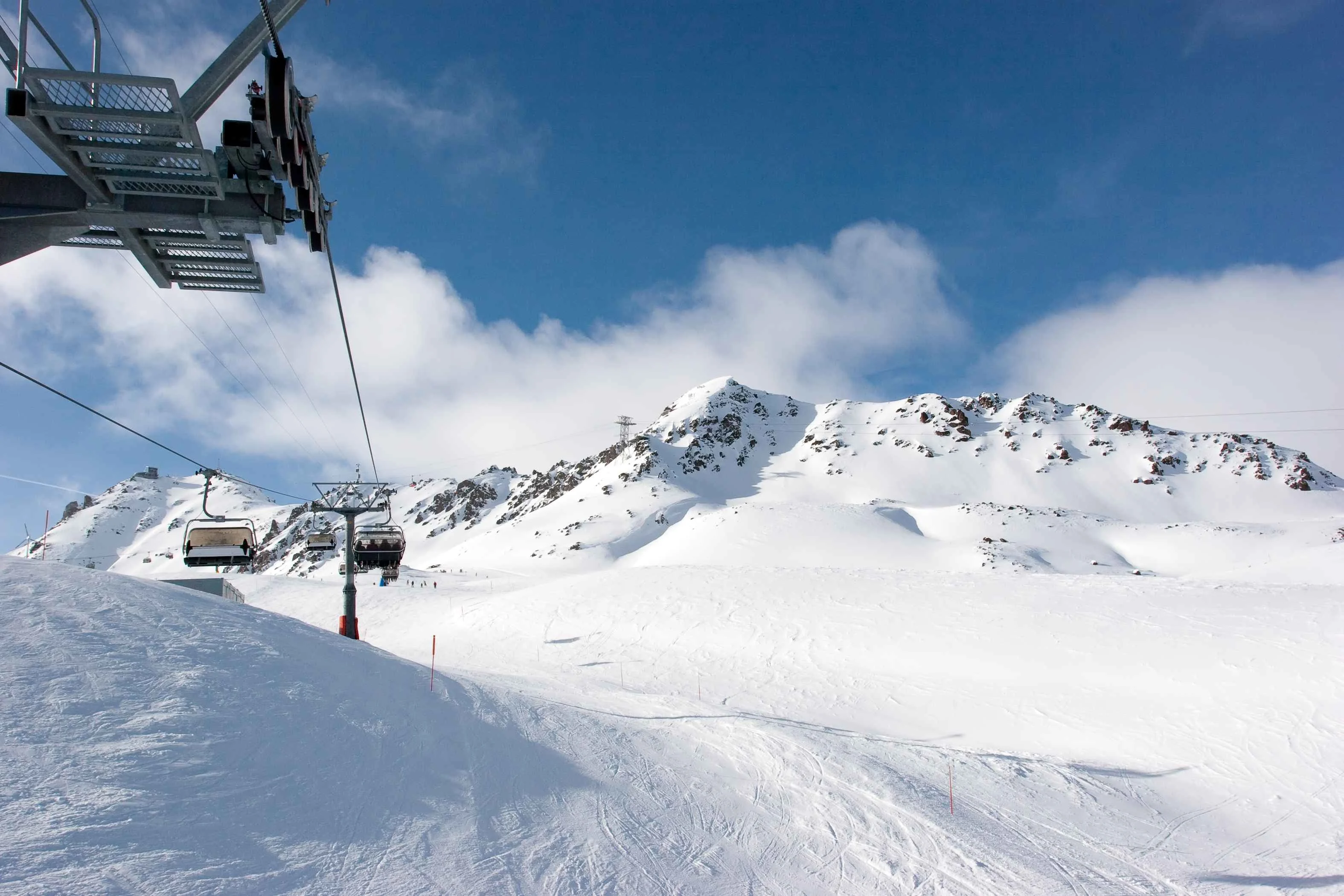 St Moritz ski area in winter under a blue and clear sky