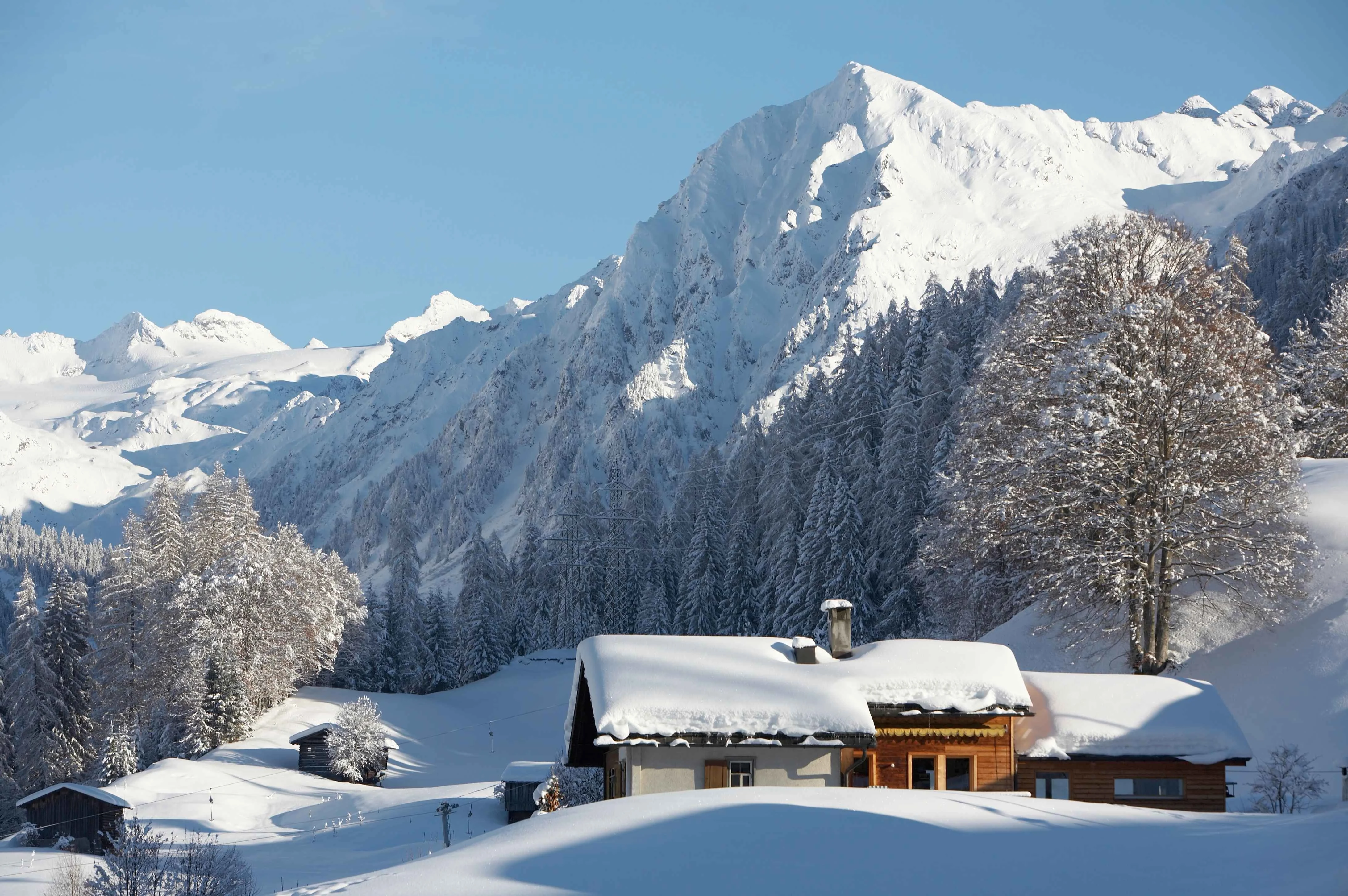 Klosters winter landscape with chalet and mountain in the background