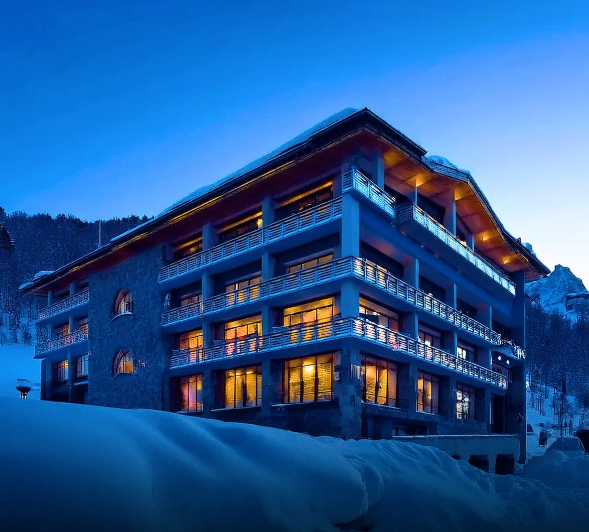 Ski resort hotel with snow-covered surroundings in a ski resort