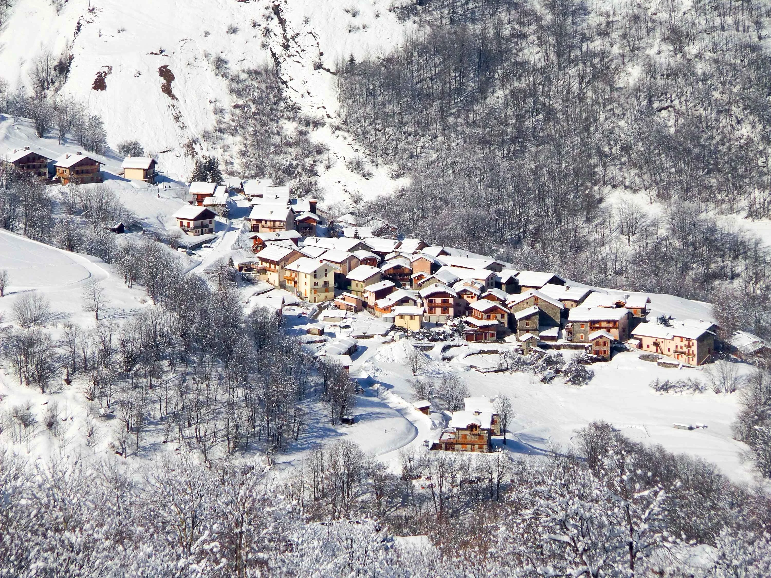 Snow-covered alpine village nestled in a forested mountain landscape, Saint-Martin-de-Belleville, France