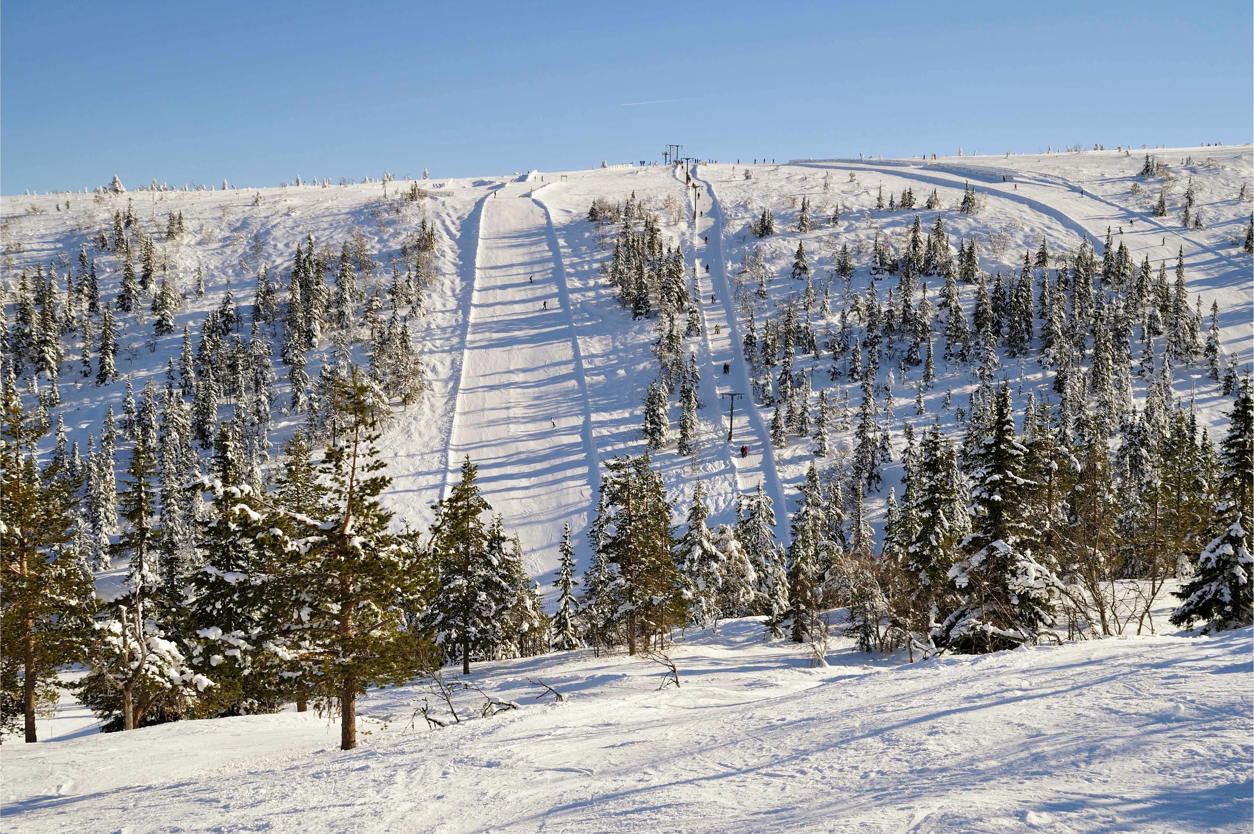 Snow-covered ski slopes with chairlifts and pine trees under a clear blue sky in Sälen, Sweden.