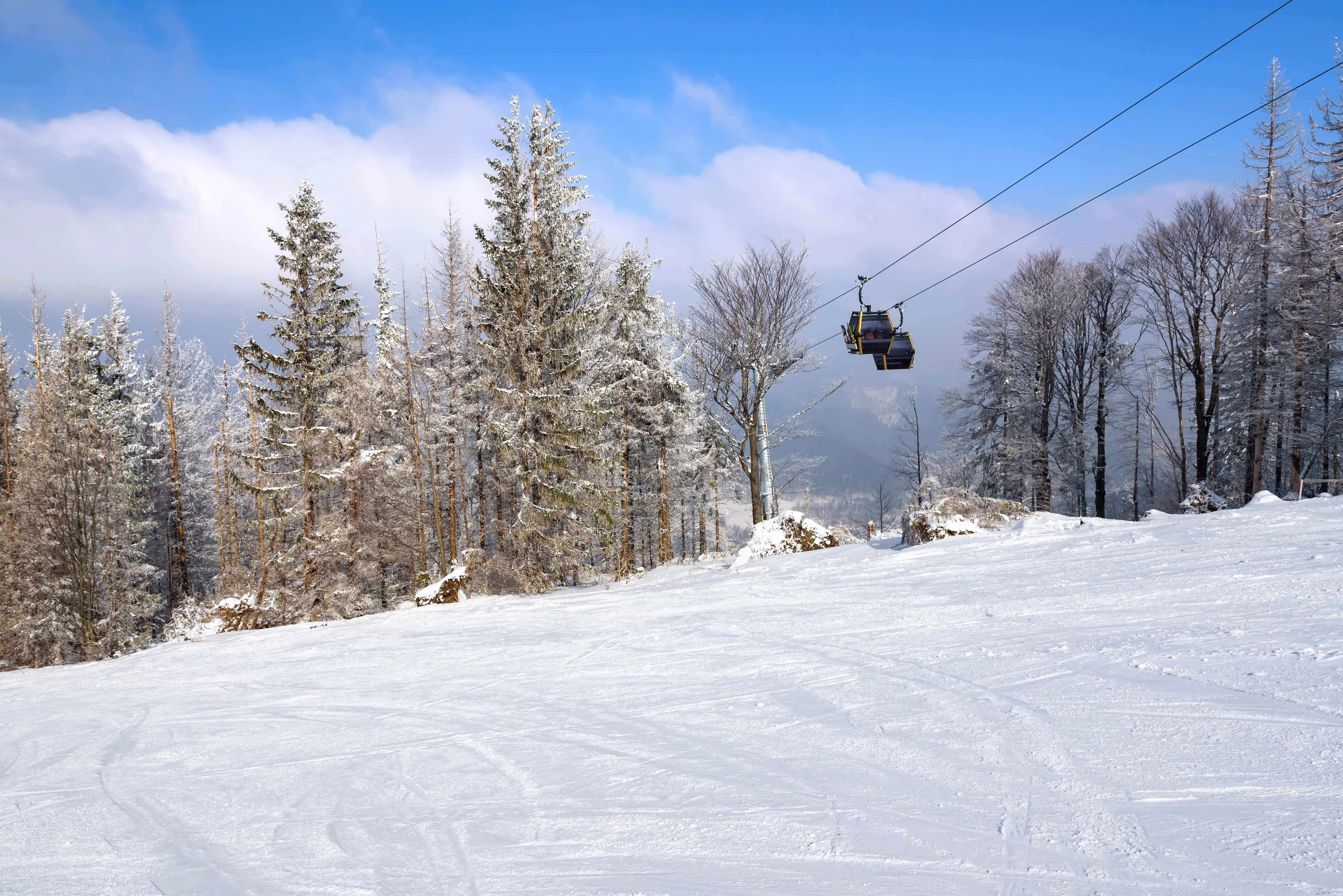 Ski lift above a snowy slope surrounded by frosted trees in Szczyrk, Poland.
