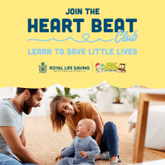 Caucasion family of father, mother and infant sitting on a bed playing with the text "Join the heart beat club: learn to save little lives" above it