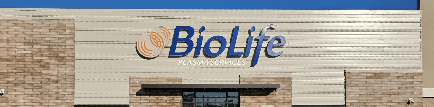 Front entrance sign of BioLife Plasma Services plasma donation center ...