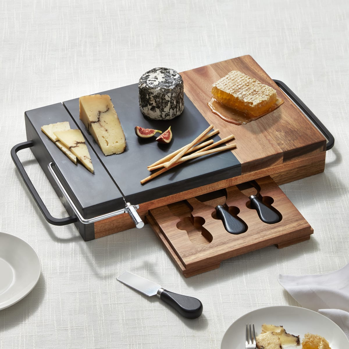 Acacia Wood and Marble Cheese Board With Built-In Cheese Slicer Non Personalized
