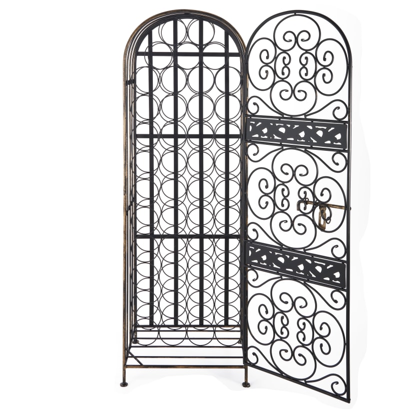 Combined view of two-section ornamental wine rack with inner grid and decorative doors