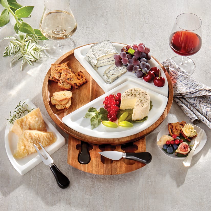 Marble and Acacia Wood Multi-Sectional Cheese Board &amp; Knife Set - Non Personalized
