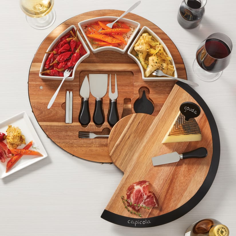 Barrel-Inspired Acacia Wood and Chalkboard Swivel Cheeseboard Set