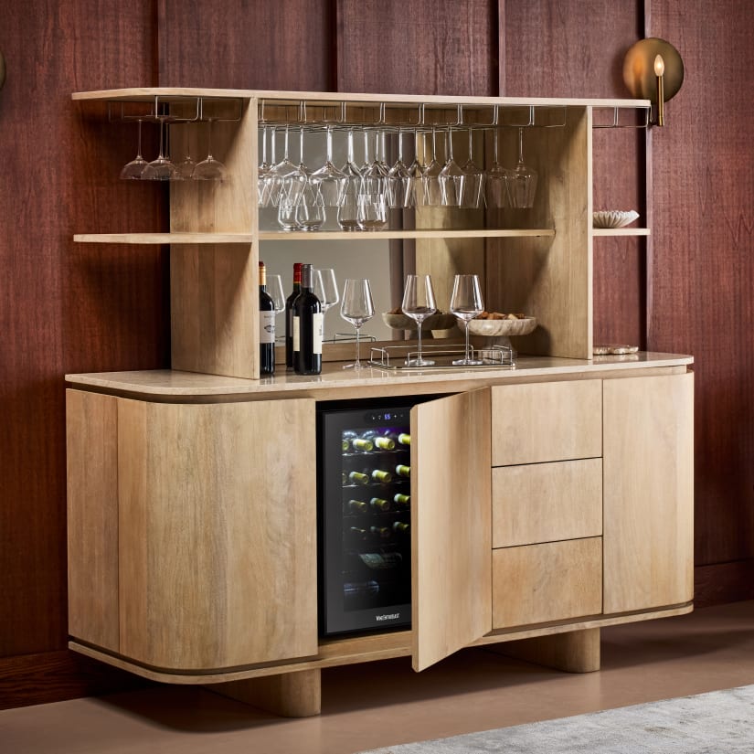 Cremant Bar Cabinet with Hutch and 20-Bottle Wine Fridge