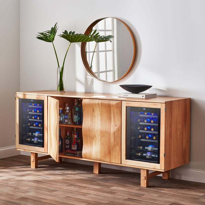 Aya Wave Wine Credenza with Two 20 Bottle Evolution Wine Fridges