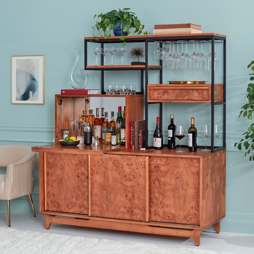 Lancaster 3-Piece Burl Wood Bar Center With Cooling Storage Option
