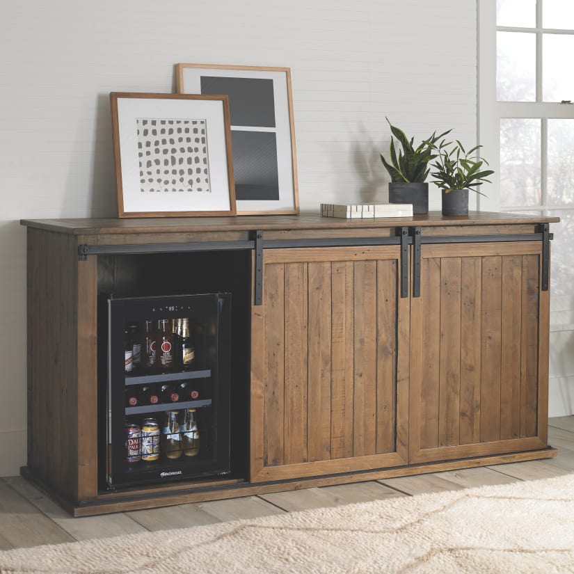 Mesa Sliding Barn Door Credenza with Cooling Storage Option - Compressor Beverage Center